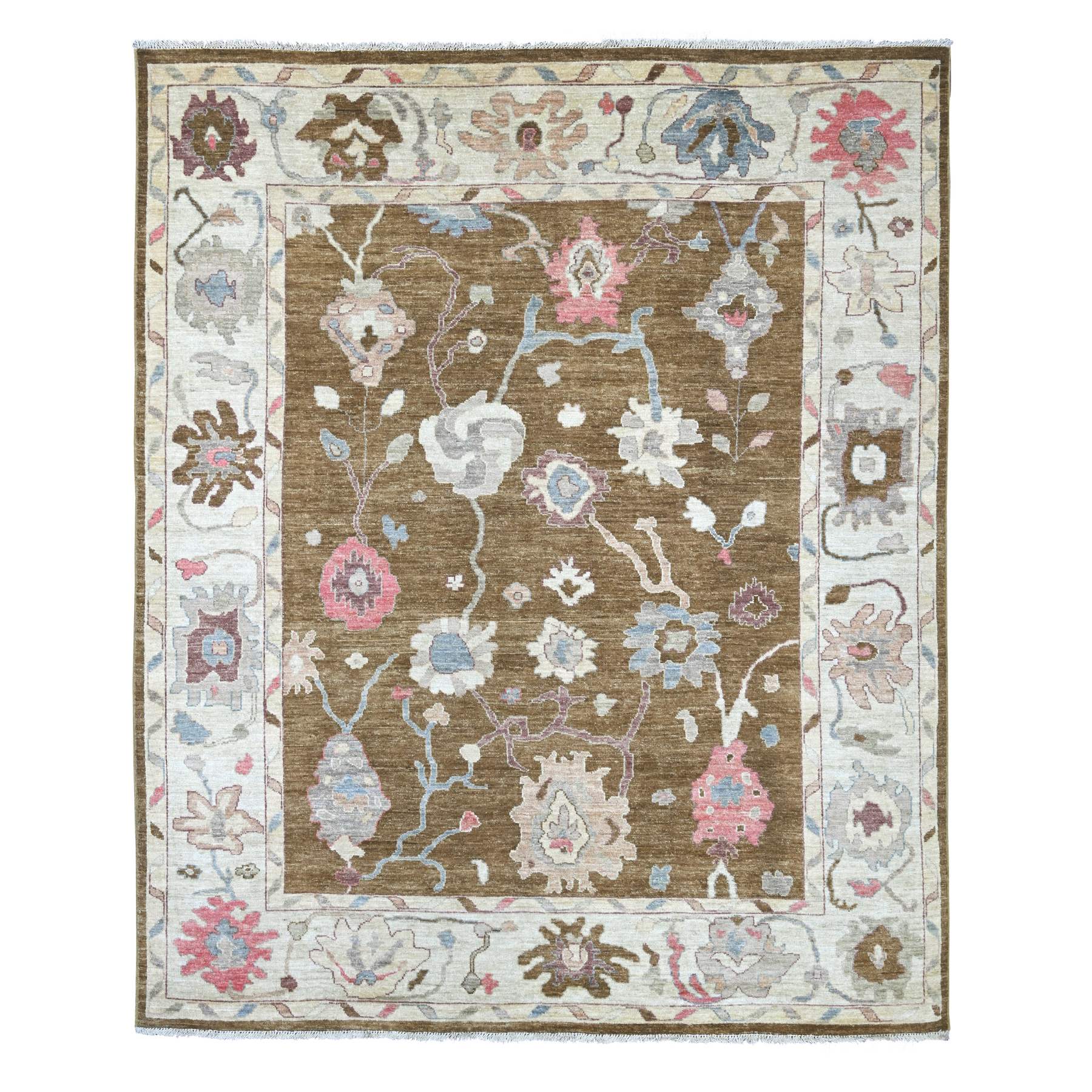 8'1"x9'8" Almond Brown, Afghan Angora Oushak with All Over Leaf Design, Hand Knotted, 100% Wool, Vegetable Dyes, Oriental Rug 